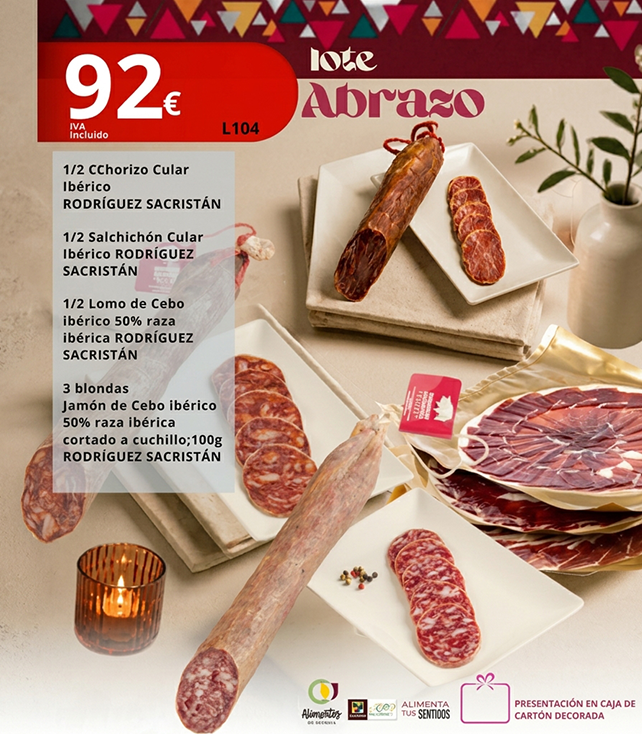 Lote de navidad abrazo compuesto por jamón de cebo ibérico 50% raza ibérica envasado al vacío chorizo cular y salchichón cular