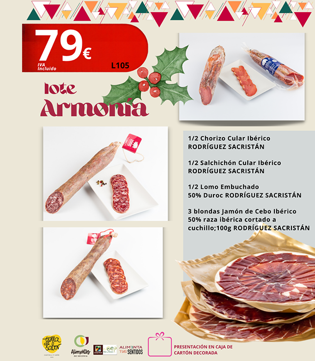 Lote de navidad armonía compuesto por jamón de cebo ibérico 50% raza ibérica y embutidos ibéricos