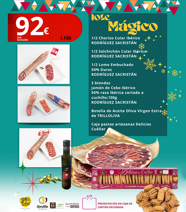 Lote de navidad mágico de rodríguez sacristán compuesto por jamón de cebo ibérico 50% raza ibérica y embutidos ibéricos
